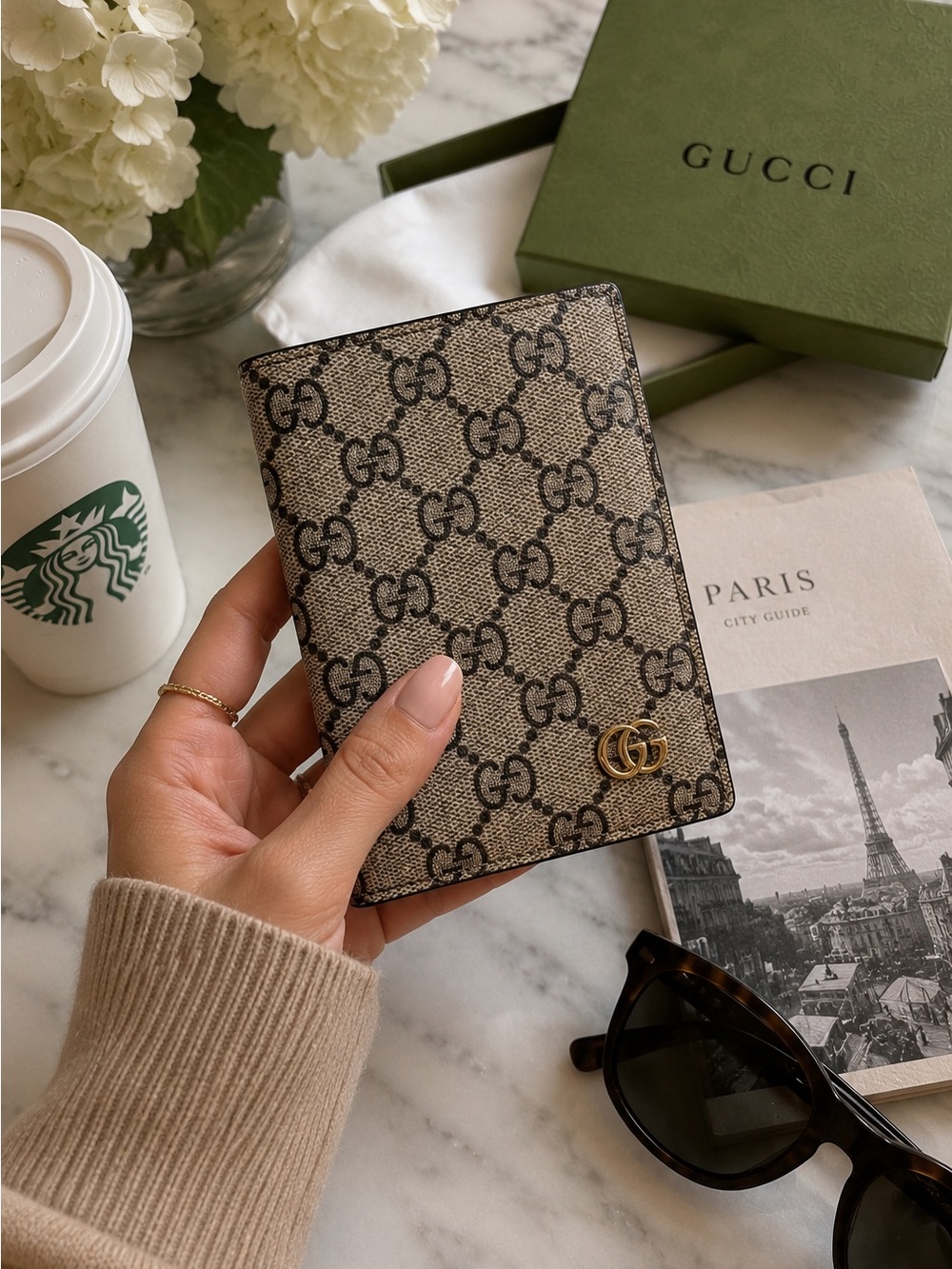 Gucci Beige GG Supreme Card Holder with Gold Double G— passport case